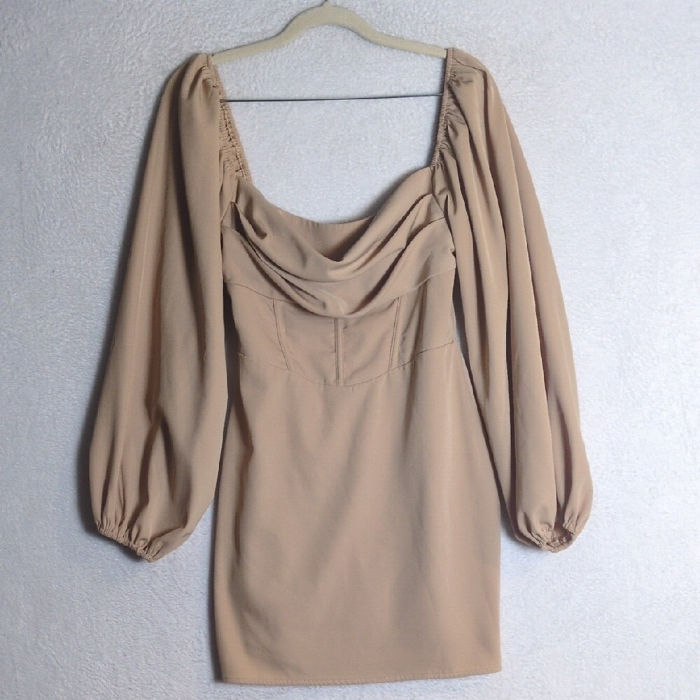 Princess Polly Junior's Tan Cowl Neck Bodycon Long Sleeve Mini Dress Size 4